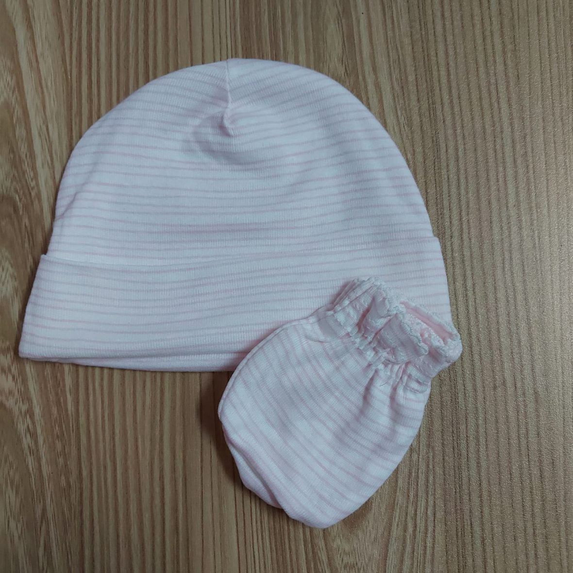 Onesie Brand Baby Girl Cap & Mitten Set – White/Stripe