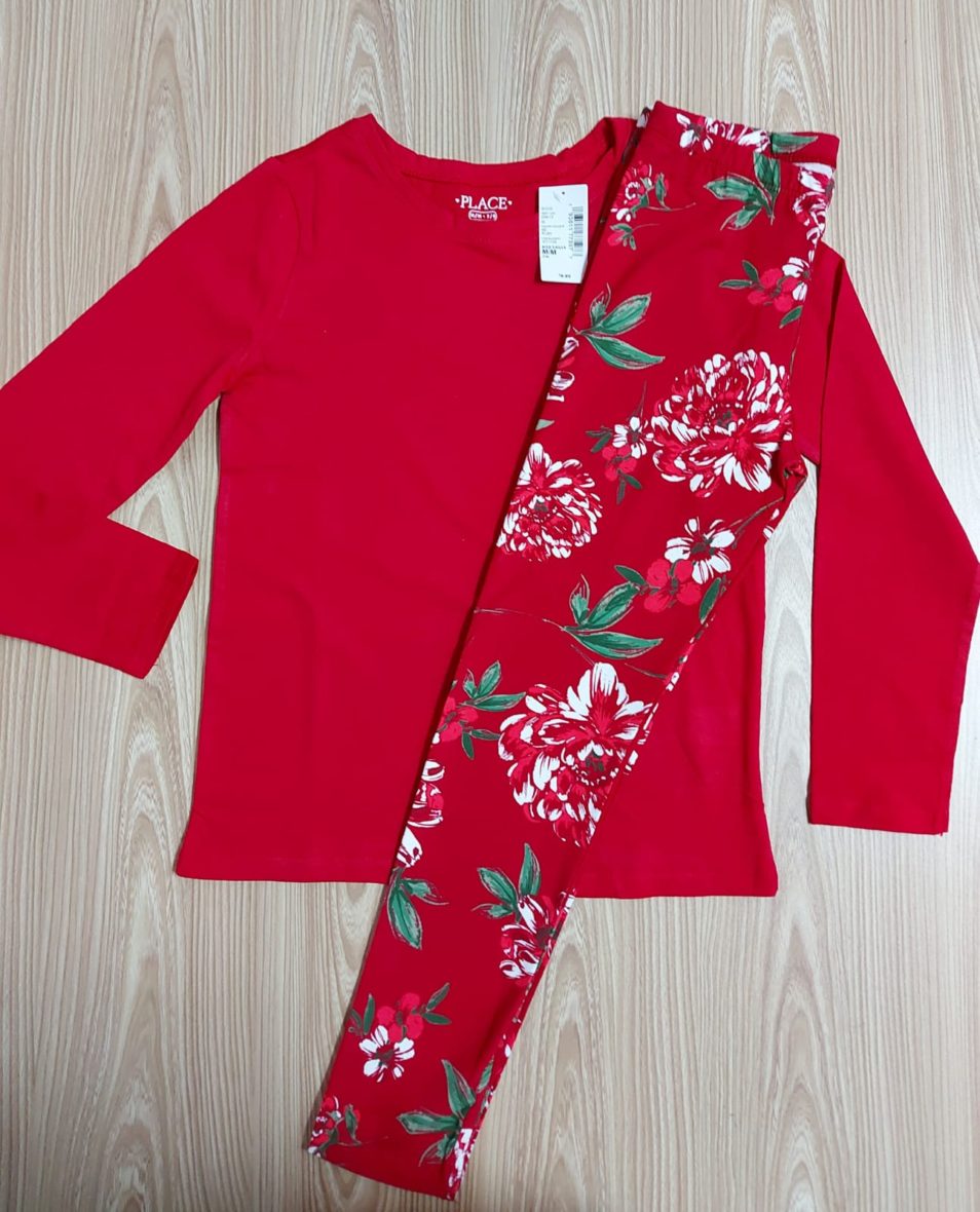 Children’s Place Girls Red Long Sleeve & Floral Leggings Set