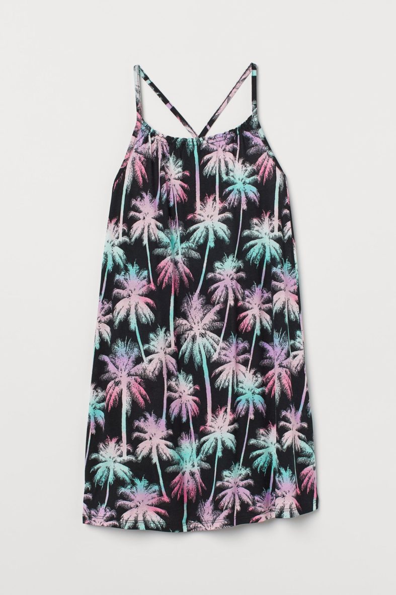 H M Girls Printed Jersey Dress Black Palm Trees IBIS Kids