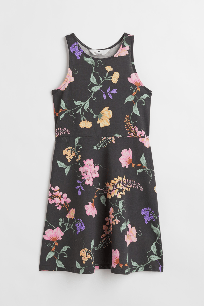 H & M Girls Patterned Jersey Dress – Dark Grey/Flowers