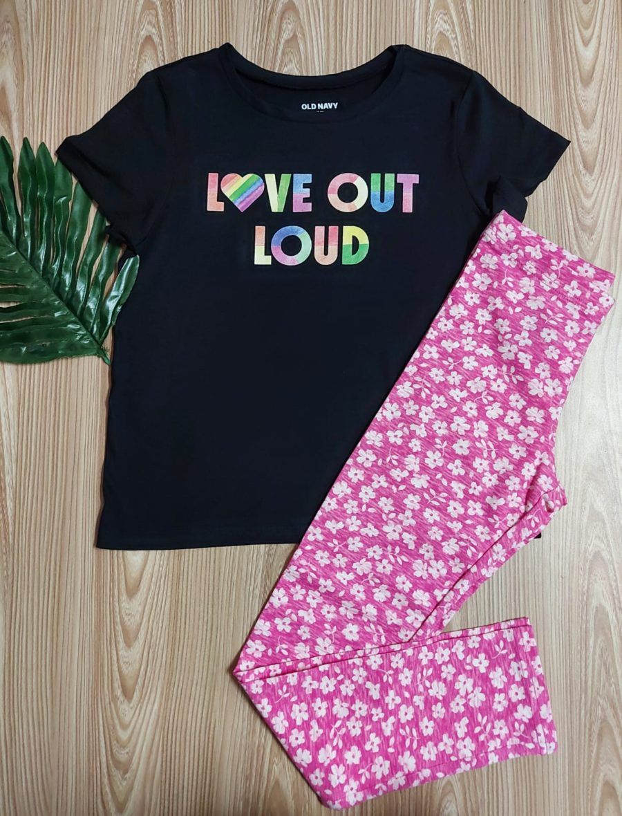 Old Navy Girls Love Out Loud Short Sleeve Graphic Tee & Pink Floral Leggings 2 – Piece Set