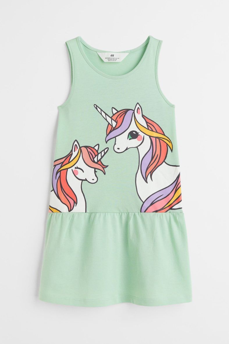 H & M Toddler Girls & Girls Patterned Jersey Dress – Green/Unicorn