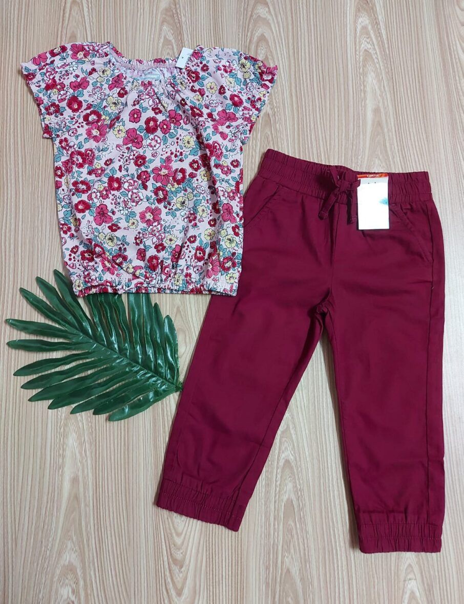 Garanimals Toddler Girls Floral Short Sleeve Top & Burgundy Joggers 2 – Piece Set