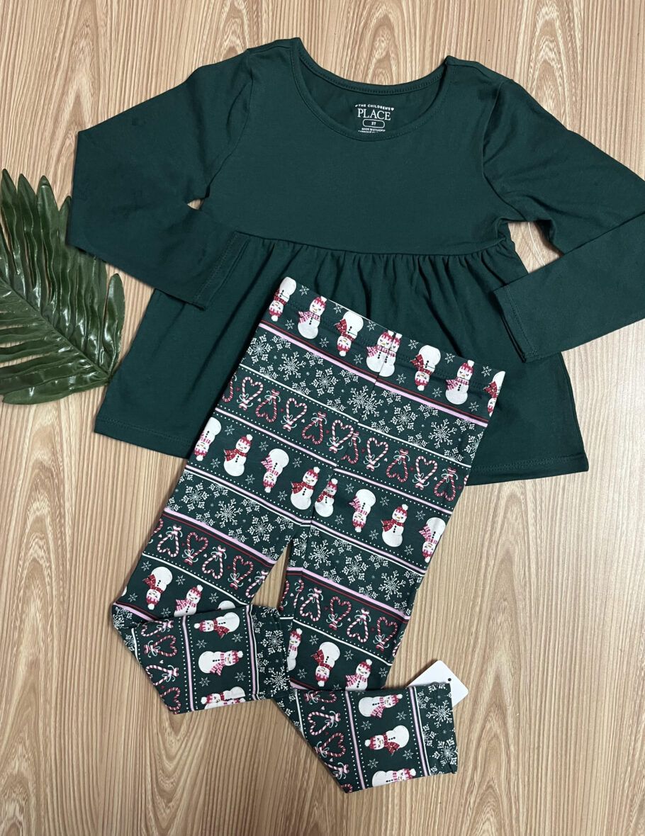 Children’s Place Baby & Toddler Girls Green Long Sleeve Top & Christmas Festive Leggings 2 – Piece Set