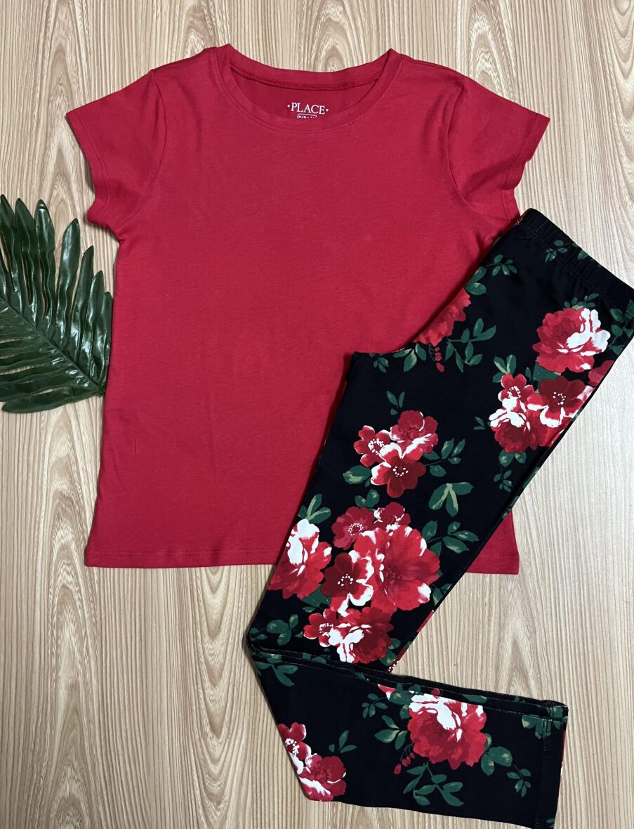 Children’s Place Girls Red Tee & Floral Leggings 2 – Piece Set