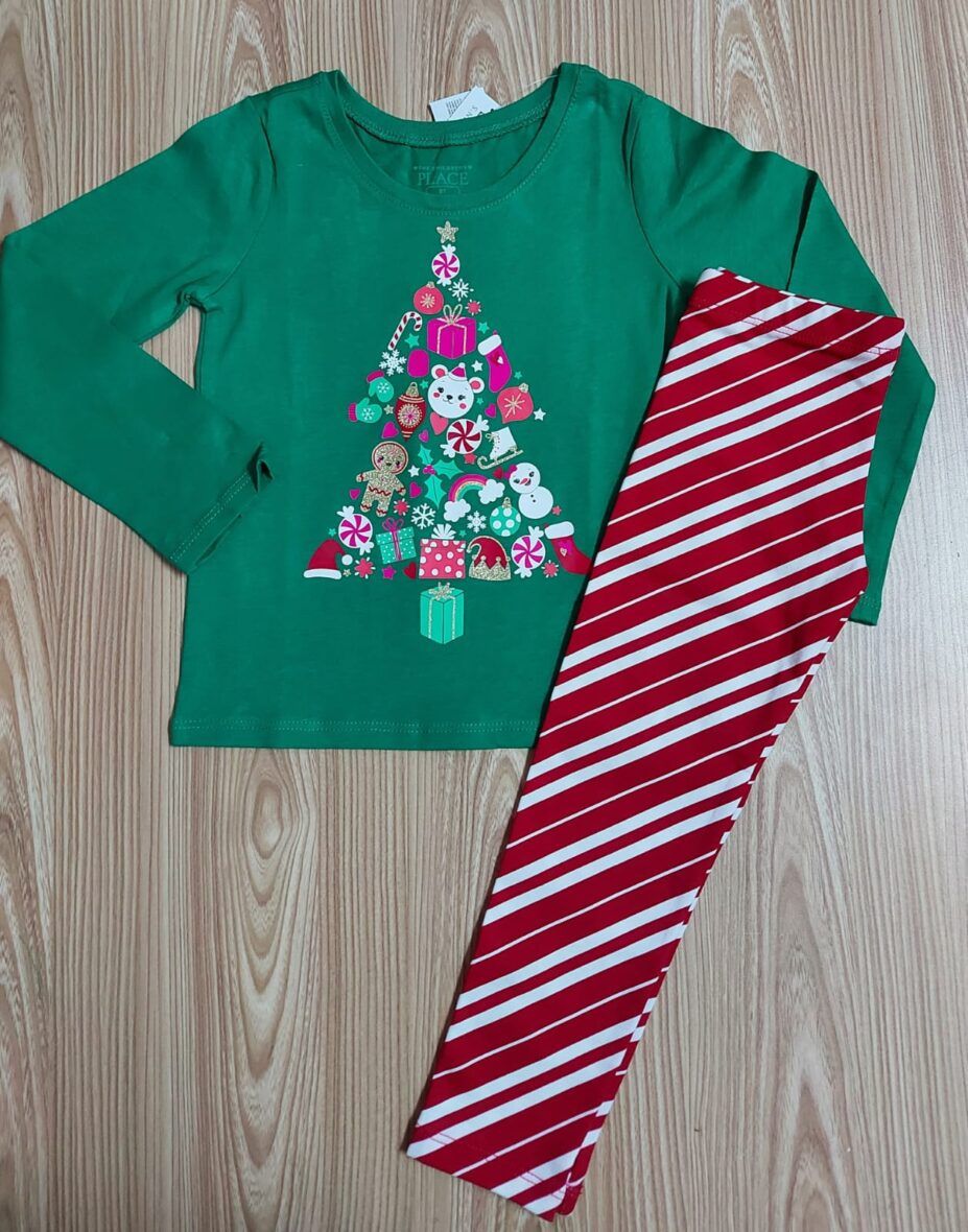 Children’s Place Baby & Toddler Girls Christmas Tree Long Sleeve Tee & Candy Stripe Leggings 2 – Piece Set