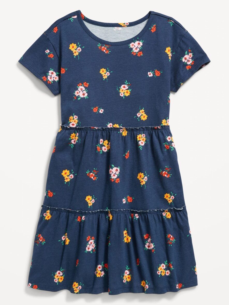 Old Navy Girls Blue Floral Short Sleeve Tiered Dress