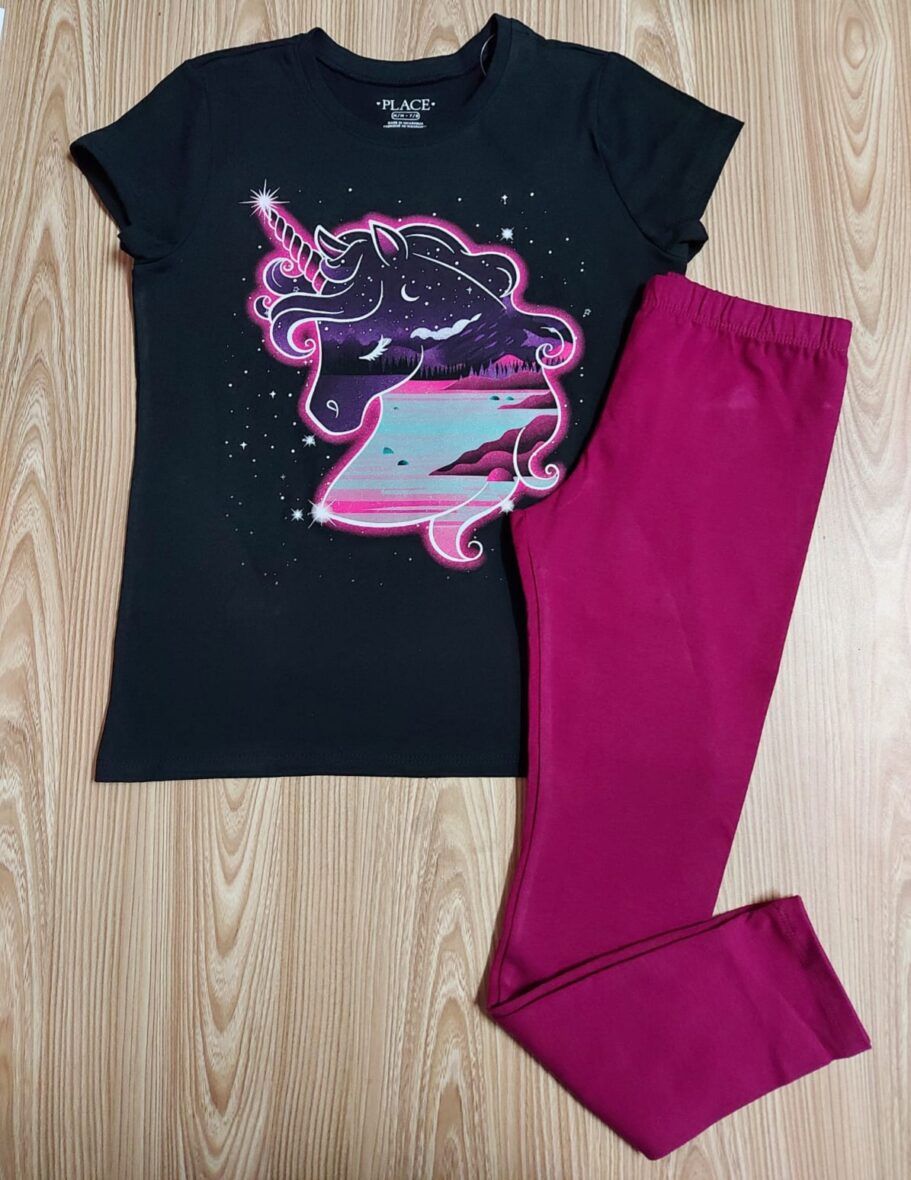 Children’s Place Girls Black Unicorn Tee & Plum Leggings 2 – Piece Set