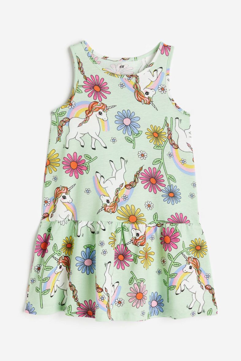 H & M Toddler Girls & Girl Patterned Cotton Dress – Green Unicorn/Flowers