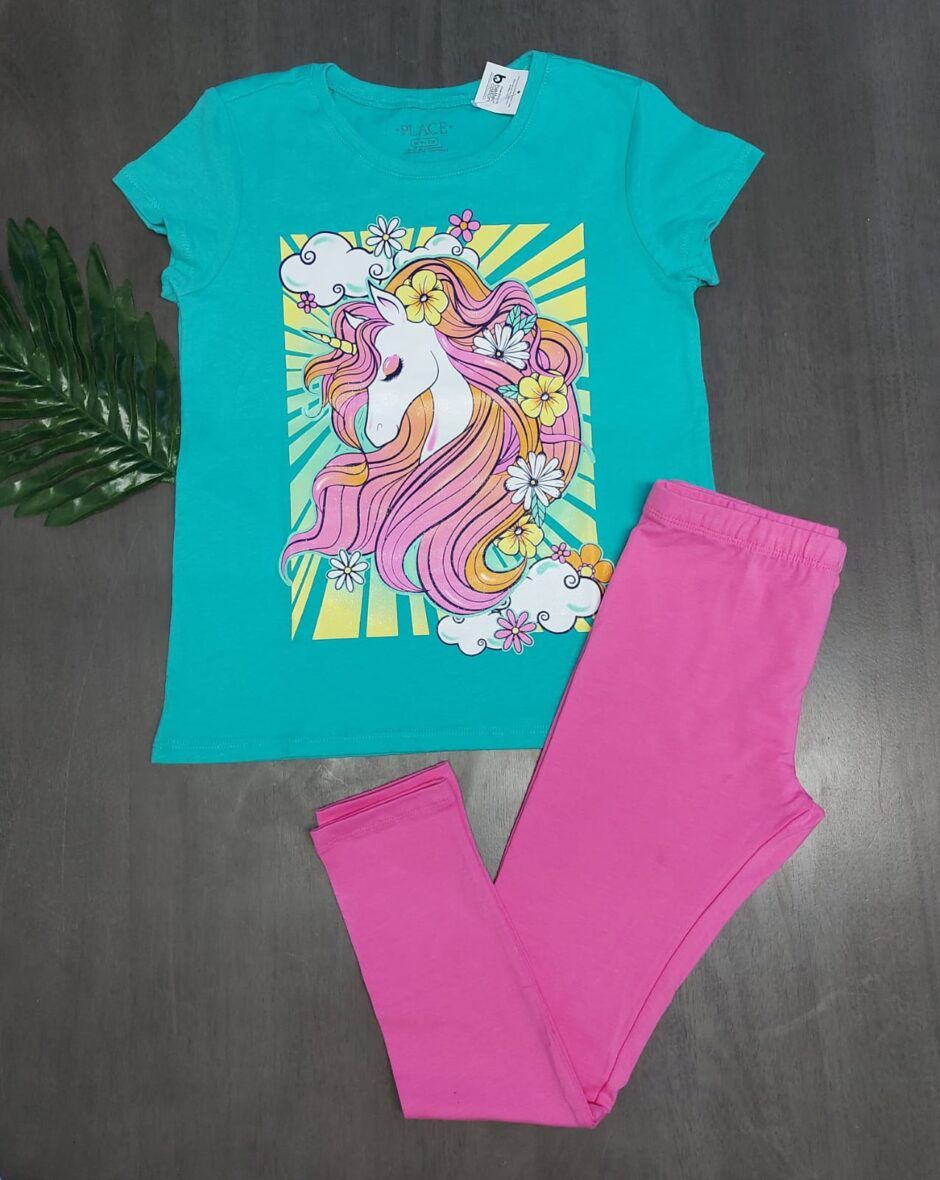 Children’s Place Girls Unicorn Flowers Tee & Pink Leggings 2 – Piece Set