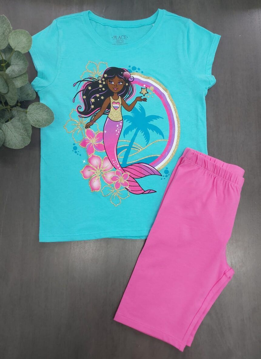 Children’s Place Girls Mermaid Tee & Pink Biker Shorts 2 – Piece Set