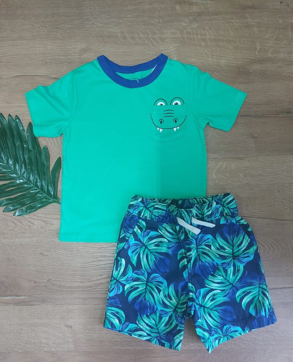 Children’s Place Baby & Toddler Boys Green Crocodile Tee & Tropical Print Shorts 2 – Piece Set