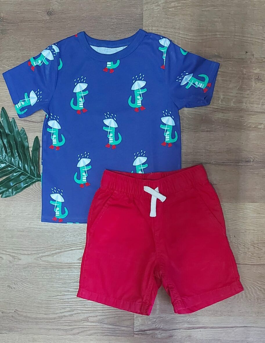 Children’s Place Toddler Boys Crocodile Tee & Red French Terry Shorts 2 – Piece Set