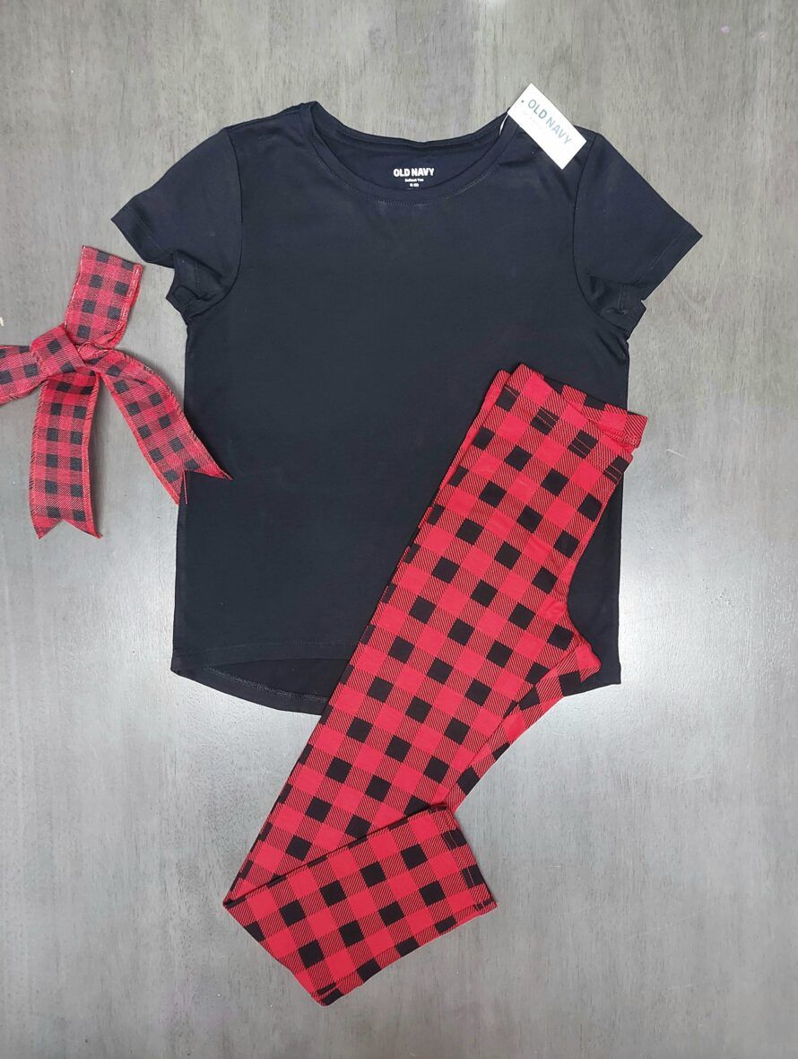 Old Navy Girls Black Tee & Red Plaid Leggings 2 – Piece Set