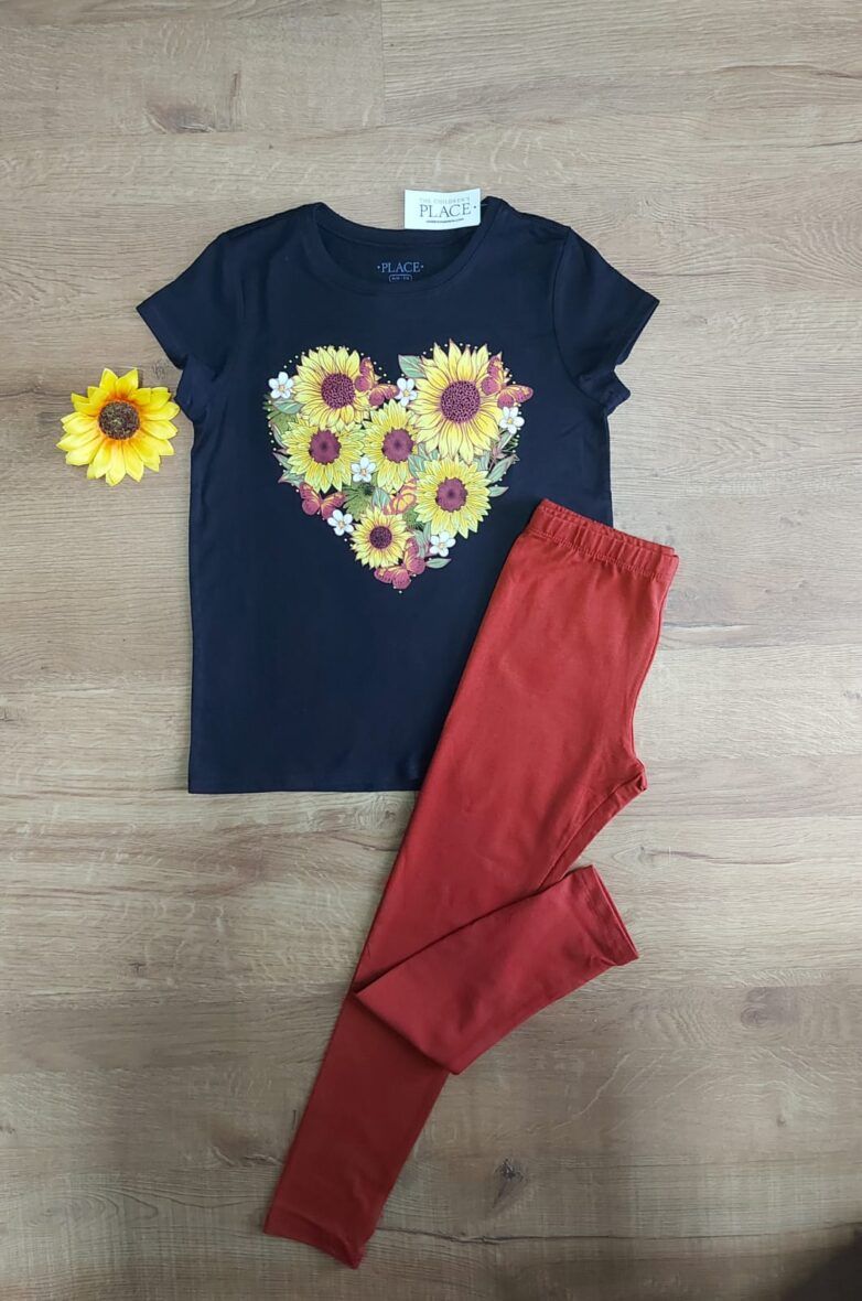 Children’s Place Girls Sunflower Tee & Brown Leggings 2 – Piece Set