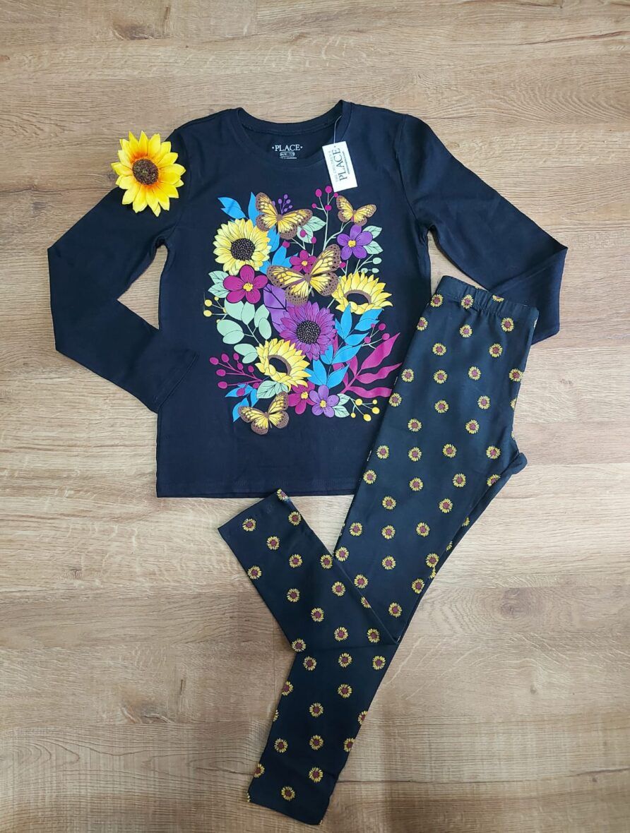 Children’s Place Girls Black Long Sleeve Sunflower Tee & Sunflower Leggings 2 – Piece Set