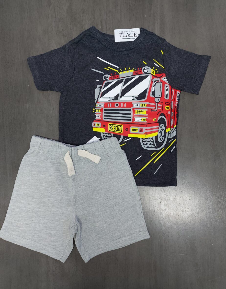 Children’s Place Baby & Toddler Boys Firetruck Tee & Grey French Terry Shorts 2 – Piece Set