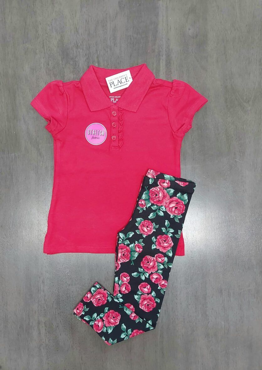 Toddler Girls Red Polo Tee & Red Floral Leggings 2 – Piece Set