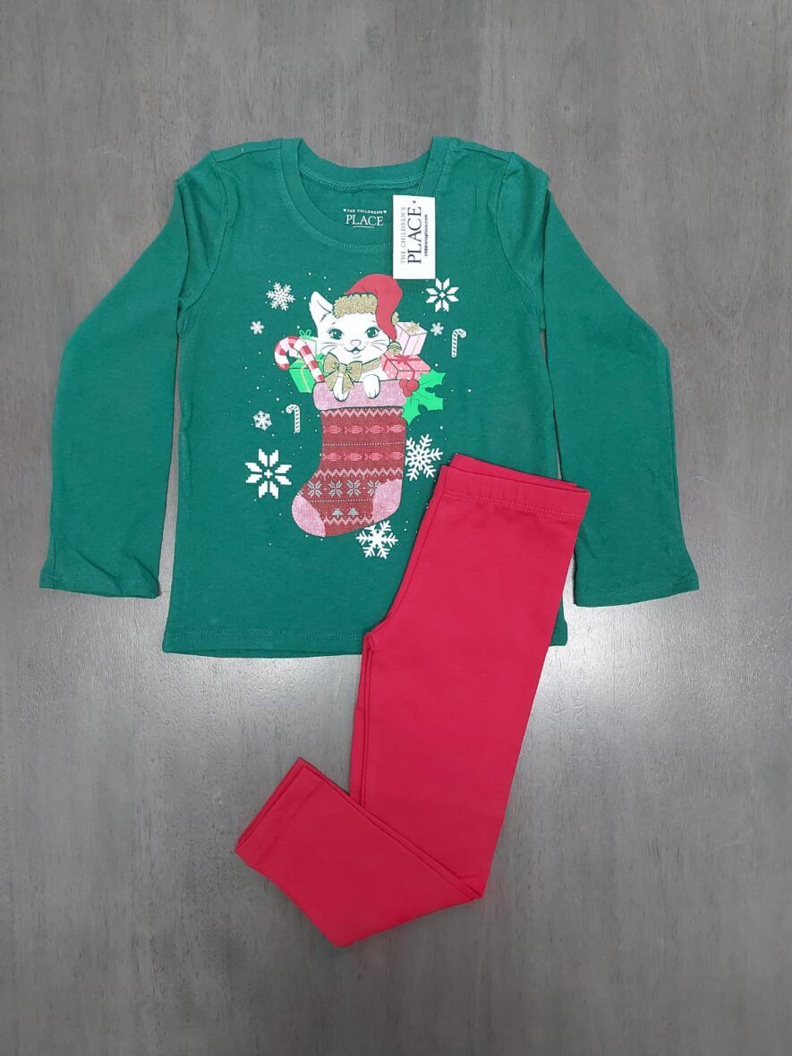 Children’s Place Girls Cat Christmas Tee & Red Leggings 2 – Piece Set