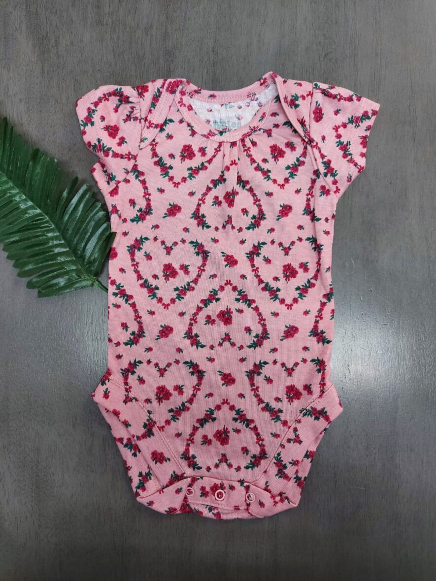 Children’s Place Baby Girls Short Sleeve Bodysuit – Pink Heart Flowers