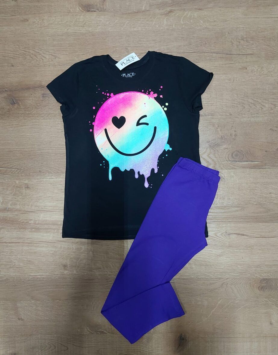 Children’s Place Girls Black Smiley Drippin Tee & Purple Leggings 2 – Piece Set