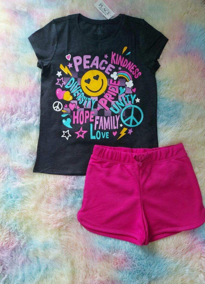 Children’s Place Girls Peace Tee & Pink Shorts 2 – Piece Set