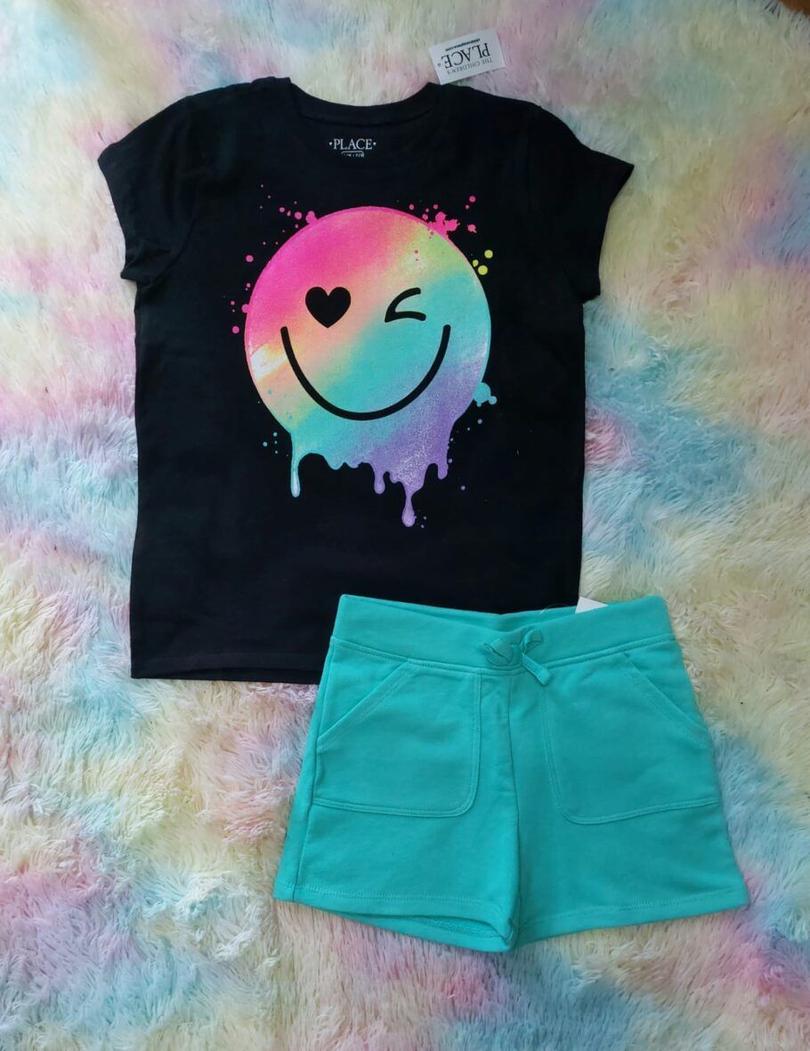 Children’s Place Girls Smiley Drippin Tee & Teal Shorts 2 – Piece Set