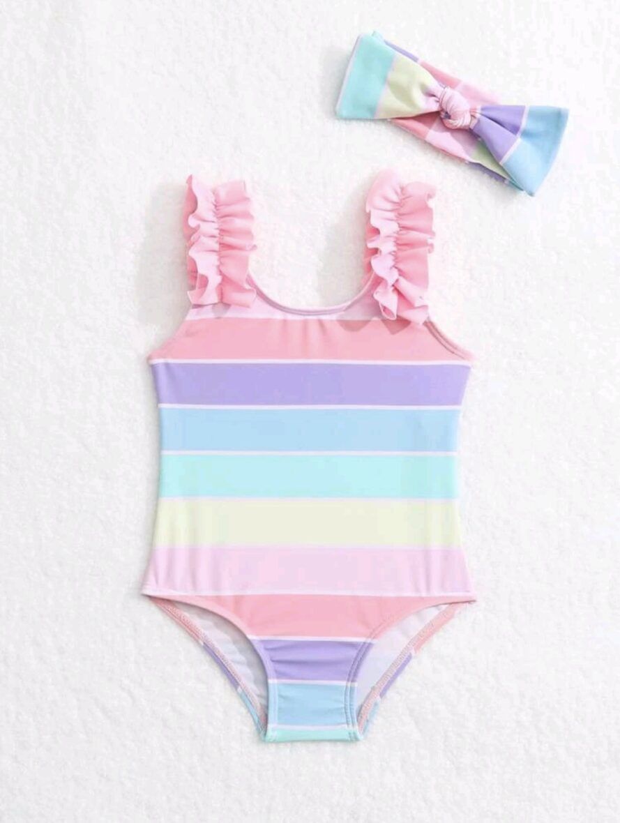 Shein Baby Girls Blocked Stripe Ruffle Swimsuit And Headband Set