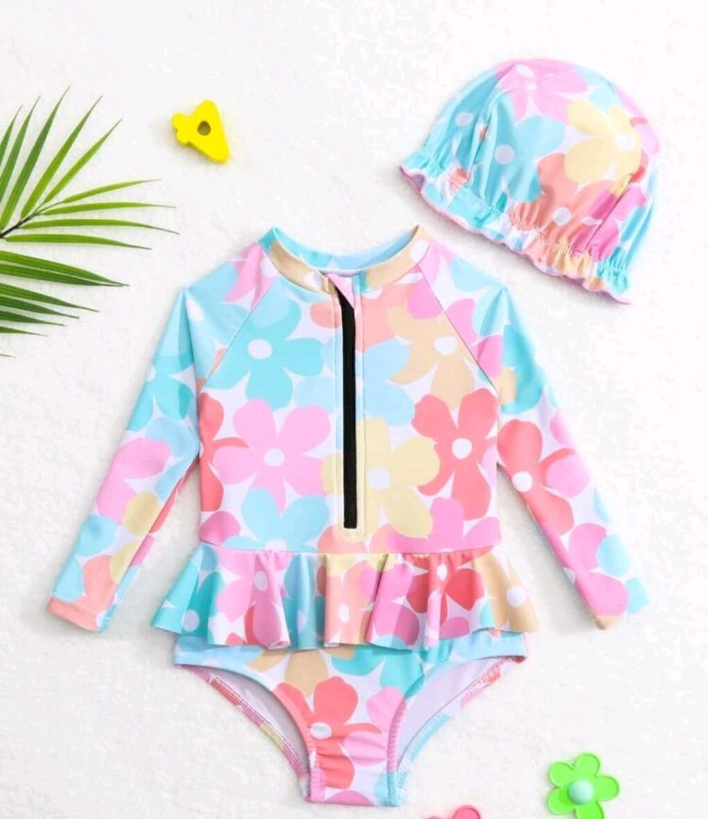 Shein Baby Girl Floral Print Zipper Front Swimsuit And Cap Set