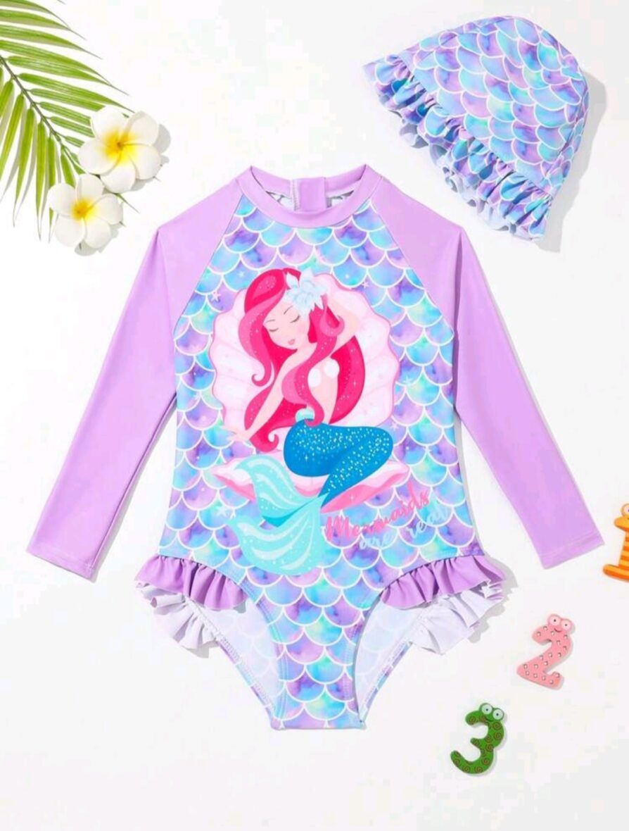 Shein Toddler Girls Little Mermaid Long Sleeve Rash Guard Swimsuit With Cap