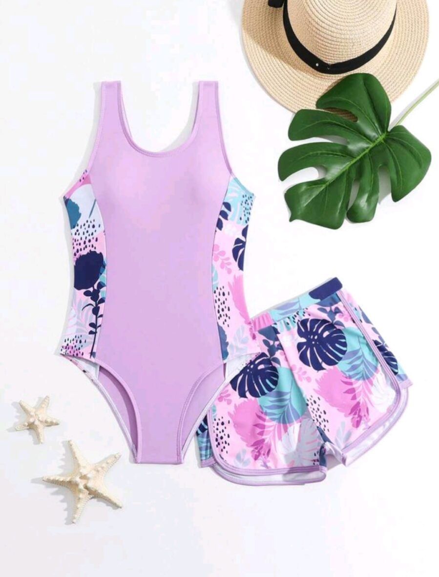 Shein Tween Girls One Piece Swimsuit & Shorts Set