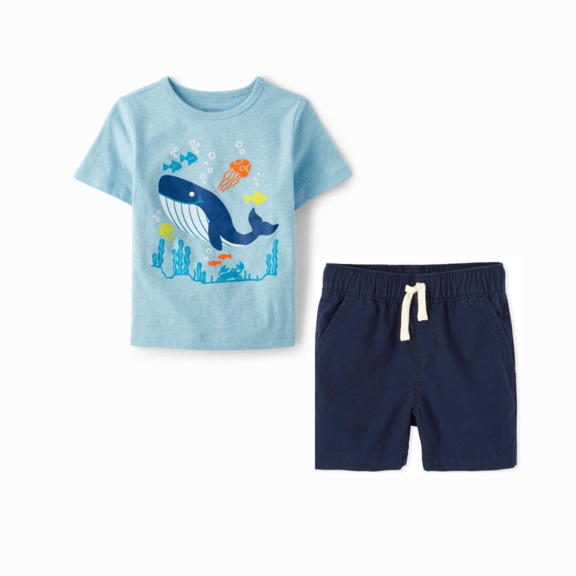 Children’s Place Toddler Boys Whale Graphic Tee & Navy Twill Shorts 2 – Piece Set