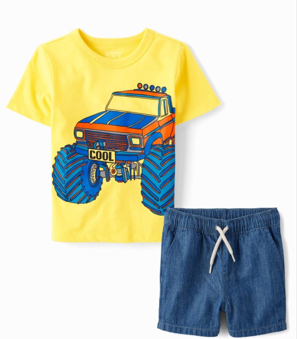 Children’s Place Toddler Boys Monster Truck Graphic Tee & Denim Pull On Shorts 2 – Piece Set