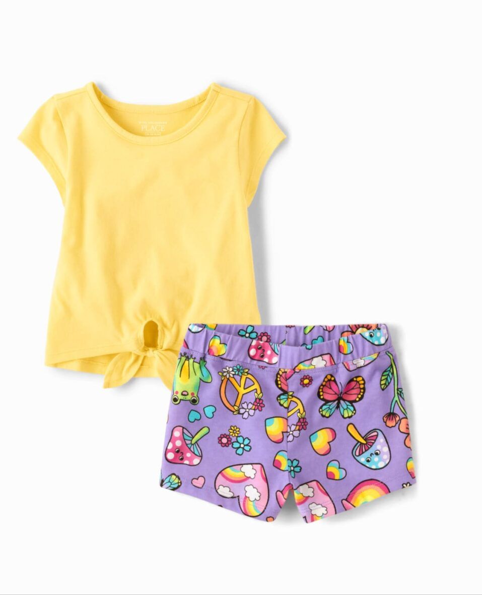 Children’s Place Toddler Girls Yellow Top &  Purple Peace Shorts 2 – Piece Set