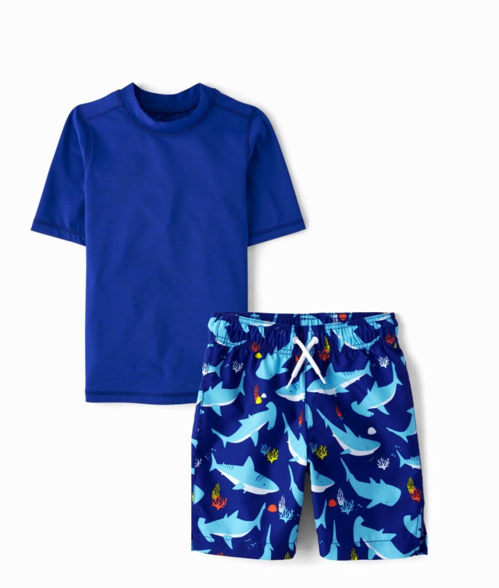 Children’s Place Boys Rash Guard & Sharks Swim Trunks Set