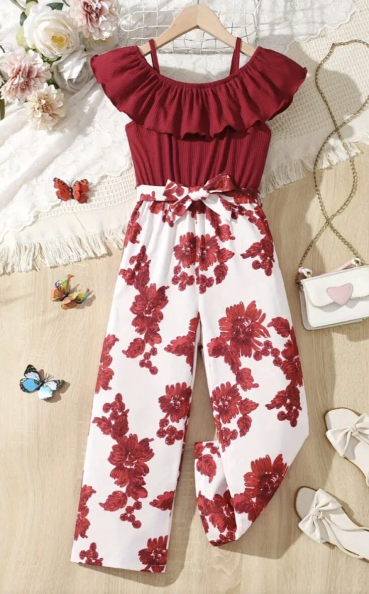 Girls Maroon & White Floral Romper