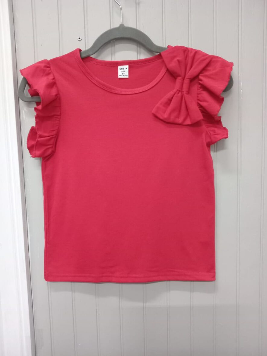 Shein Tween Girls Red Bow Front Ruffle Trim Top