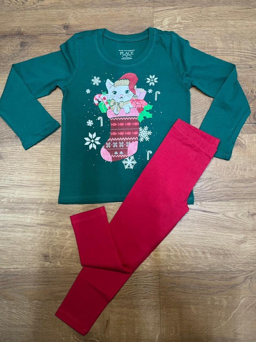 Children’s Place Girls Cat Christmas Tee & Red Leggings 2 – Piece Set