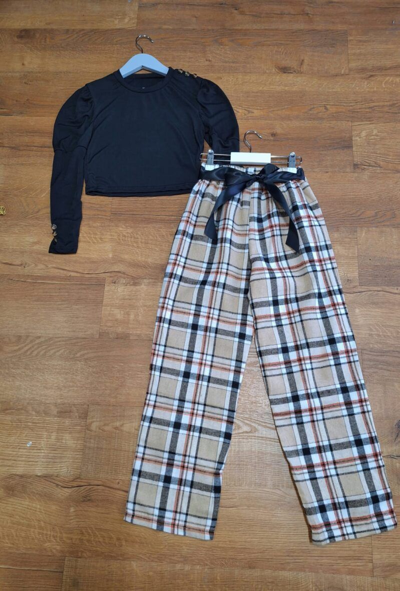 Girls Black Puffy Long Sleeve Top & Plaid Straight Pants Set