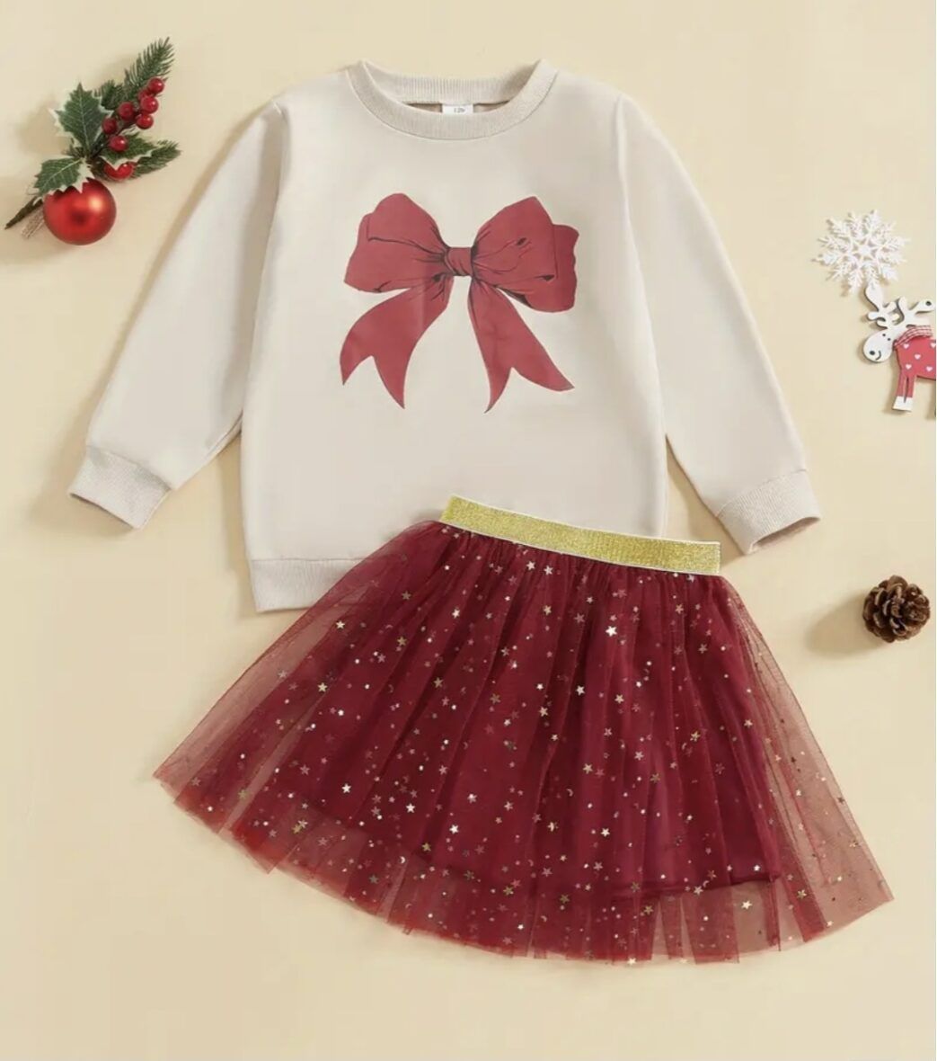 Bow Printed Sweater with Star Sequin Skirt