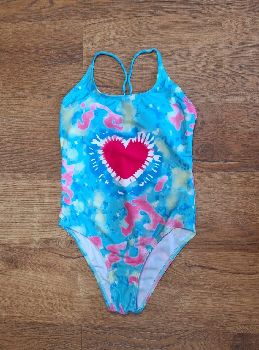 Youth Girls Blue Tie Dye Heart Swimsuit