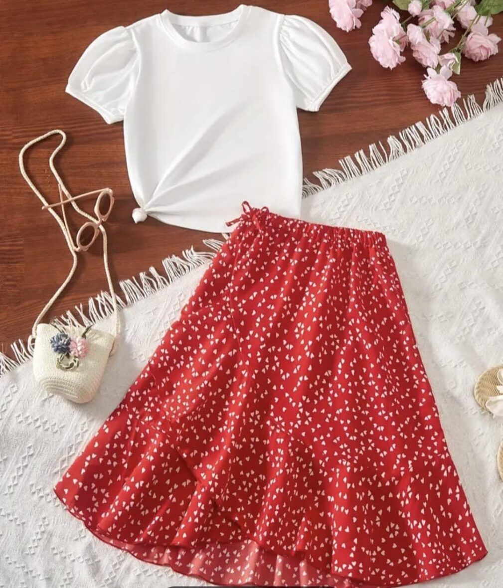 Girls White Puff Sleeve Tee & Red Ruffle Skirt 2 – Piece Set