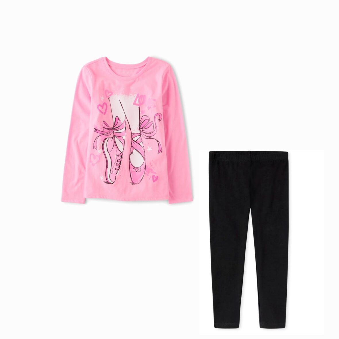 Children’s Place Girls Ballet Shoes Graphic Tee & Black Leggings 2 – Piece Set