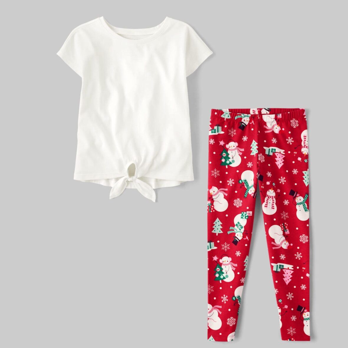 Children’s Place Girls White Tie Front Tee & Christmas Leggings 2 – Piece Set