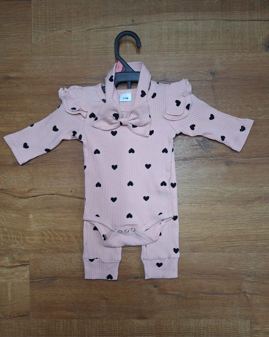 Baby Girls Pink Black Hearts Rib Knit 3 – Piece Set