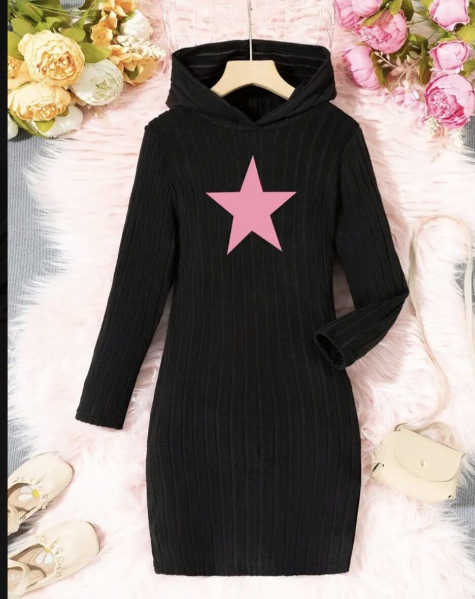 Ribbed Knit Black Hoodie Dress