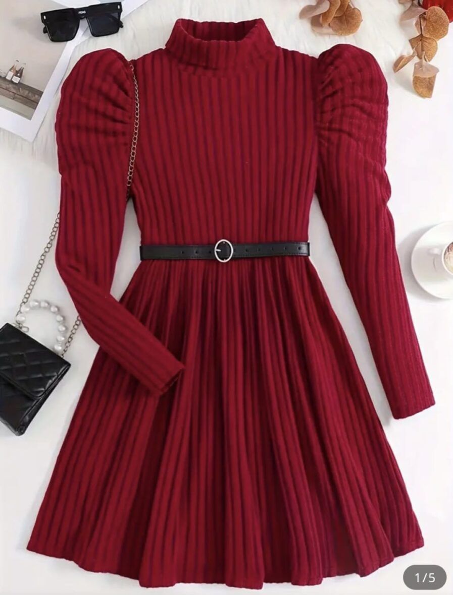 Girls Red Long Sleeve Ribbed Knit Slim Fit A – Line Dress With Belt – (BAG NOT INCLUDED)