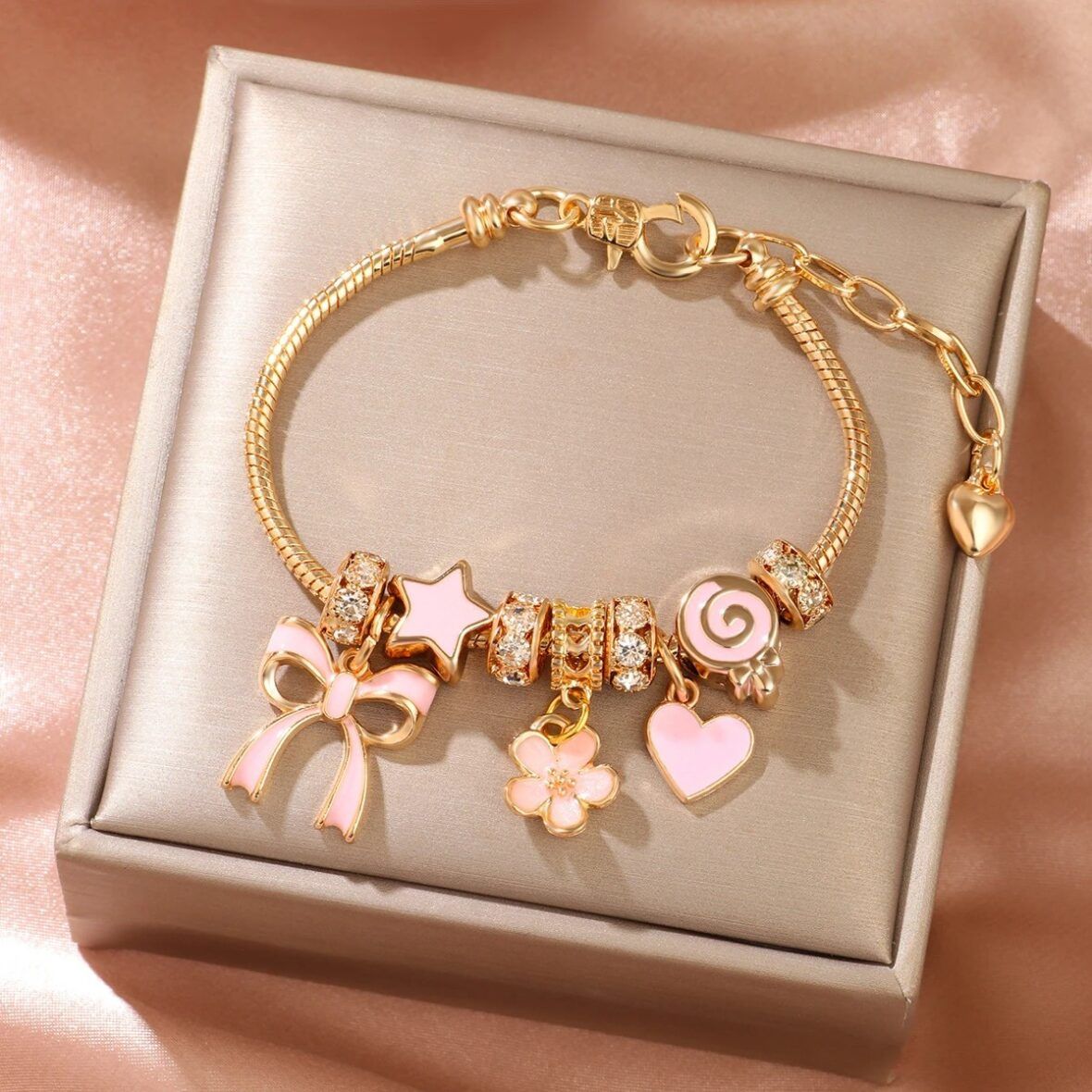 Girls Bow & Heart Charm Bracelet