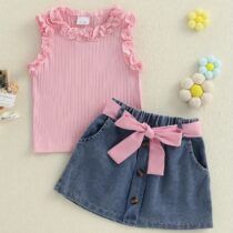 Baby girls denim skirt and pink ruffle tank top