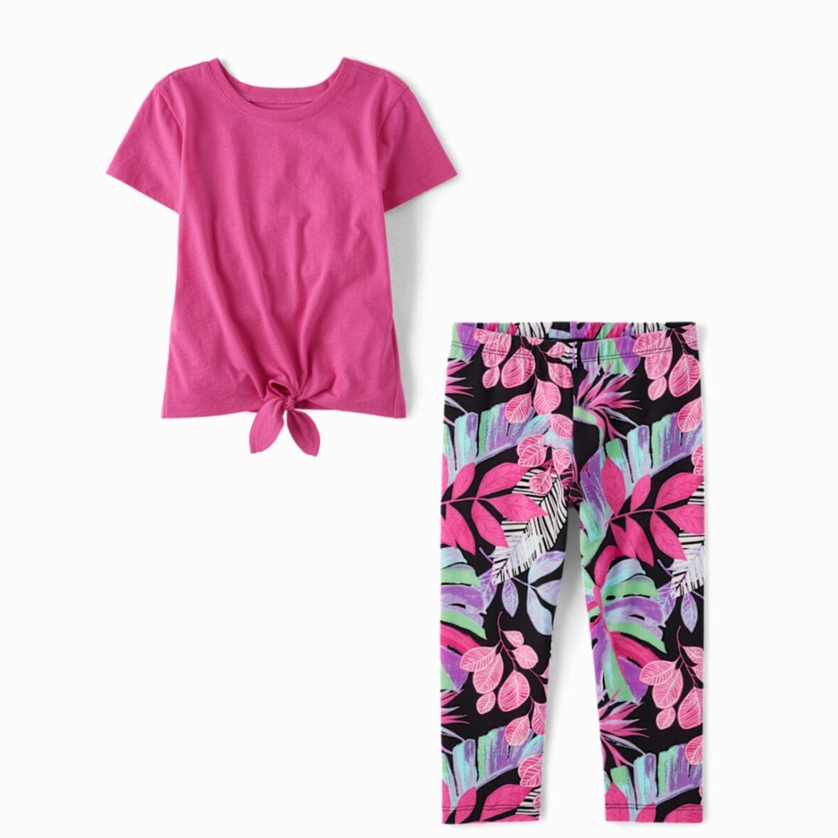Children’s Place Girls Pink Tie Front Top & Tropical Print Capri Leggings